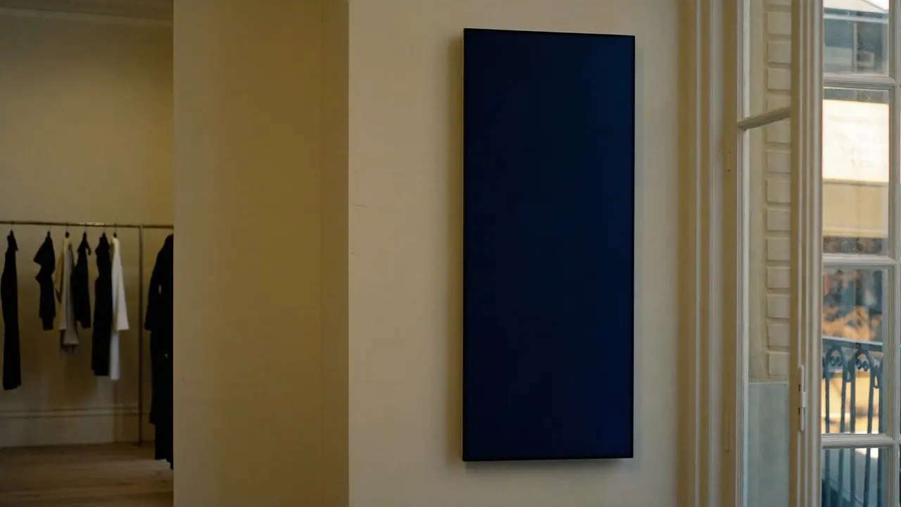 Minimal bir butik mağazada vitrin yanındaki dikey kampanya ekranı