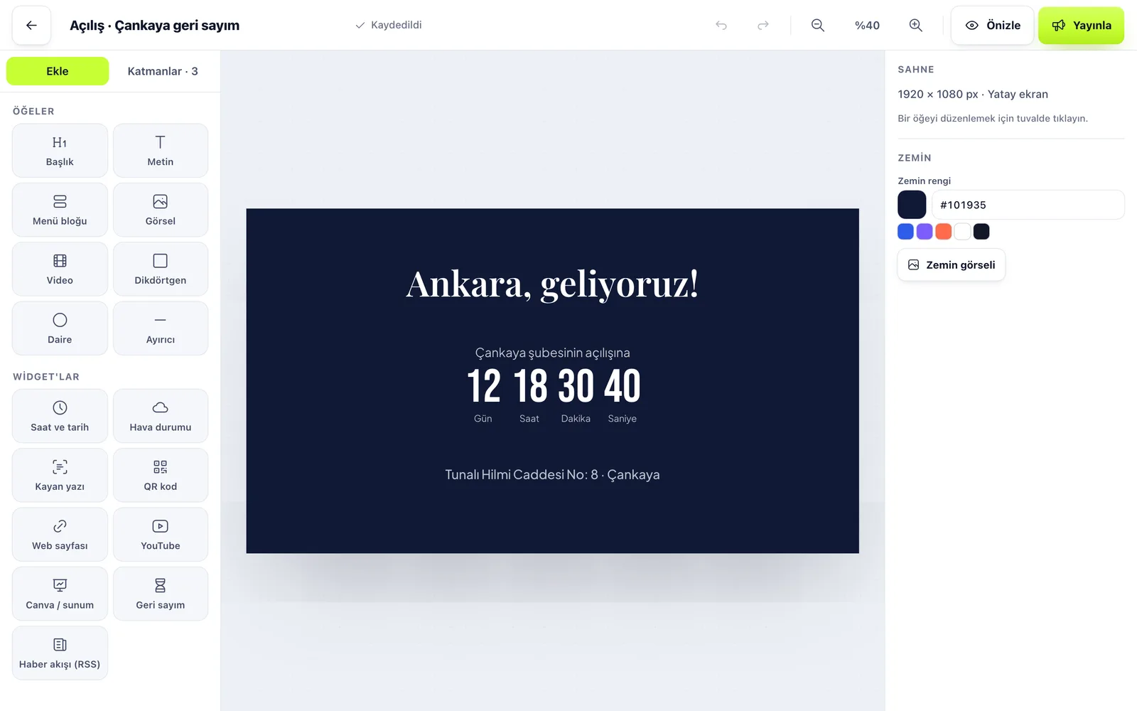 Tasarımcıda geri sayım widget’ı ile hazırlanmış şube açılış duyurusu