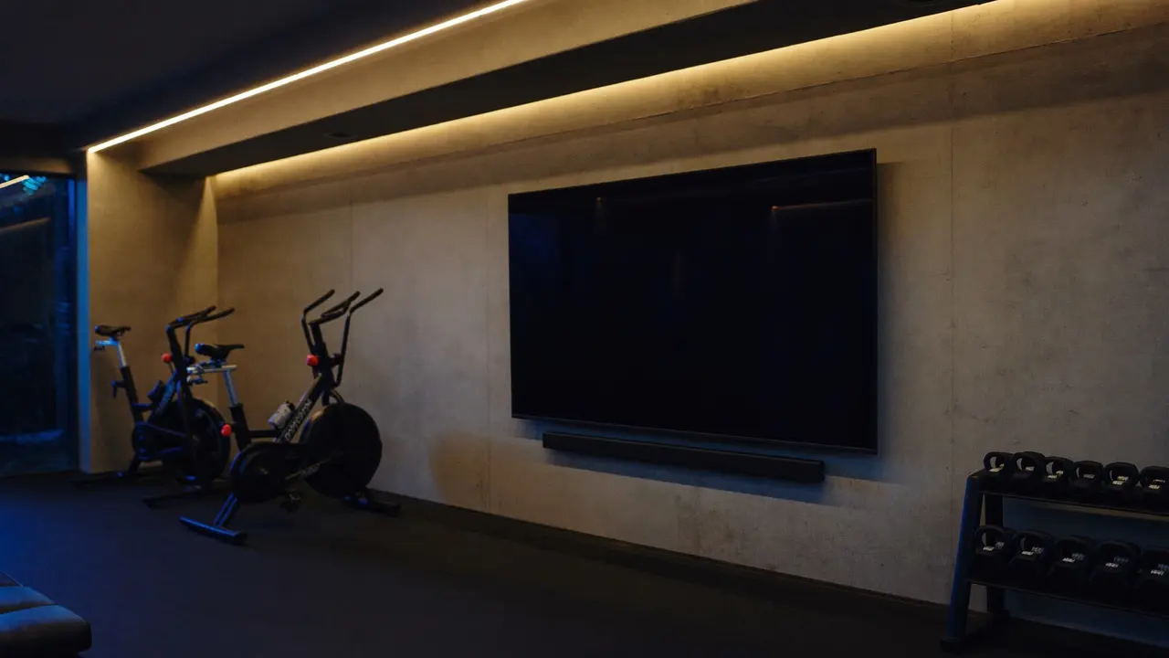 Akşam ışığında bir spor salonunda beton duvara asılı dijital ekran